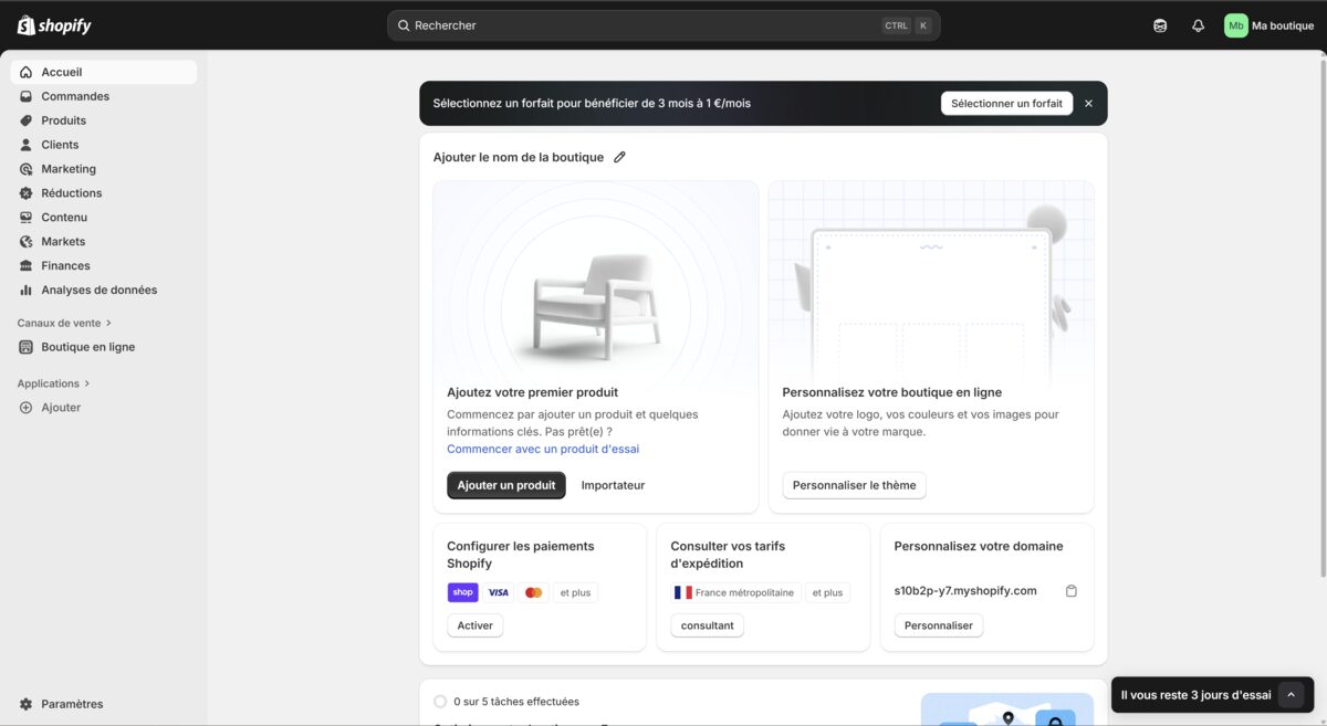 Tableau de bord Shopify 2025 configuré par EasyShopBuilder